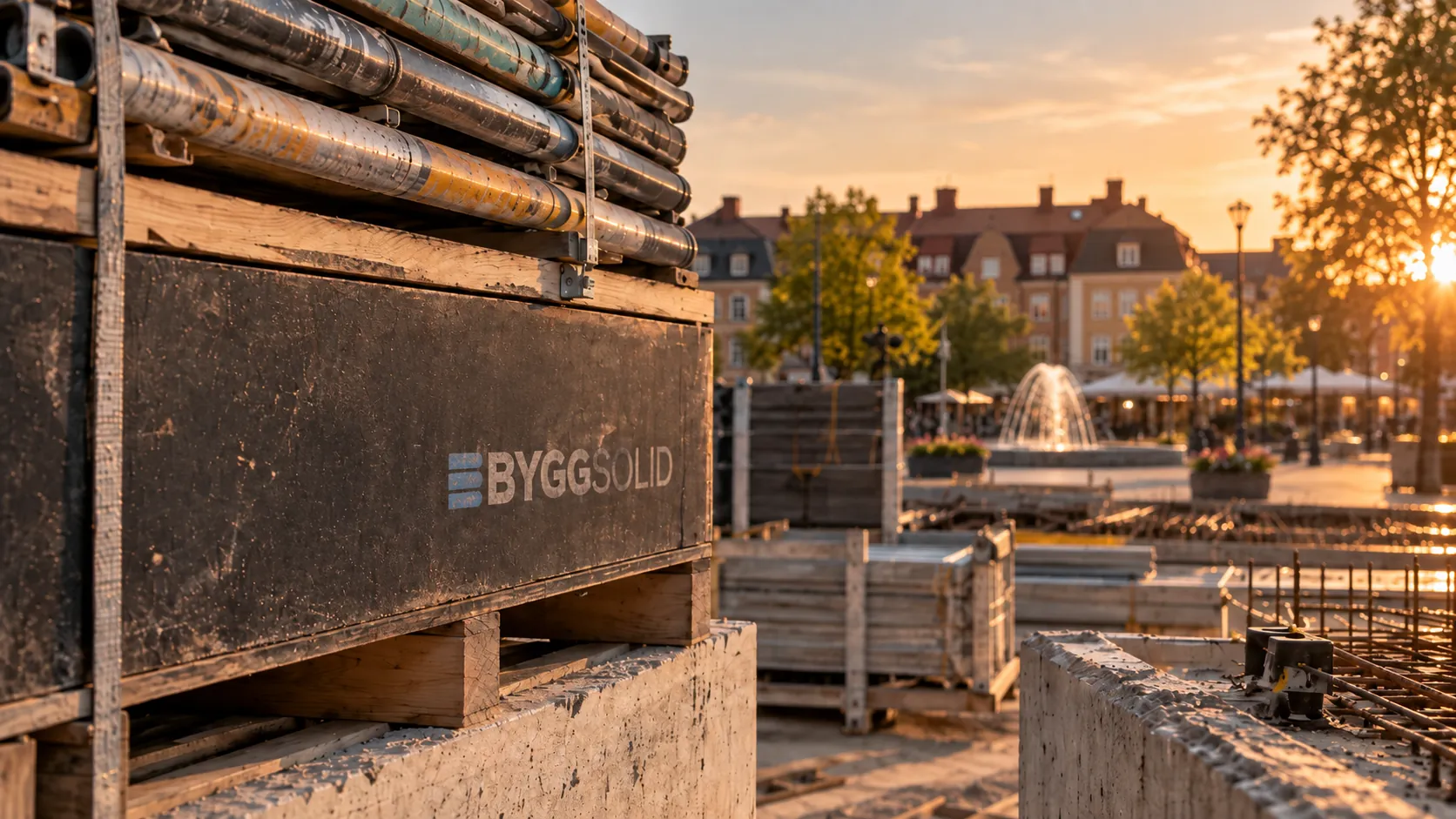 Byggsolids materiallåda med ställningsrör på ett torgbygge i kvällssol, fontän och stadshus i bakgrunden