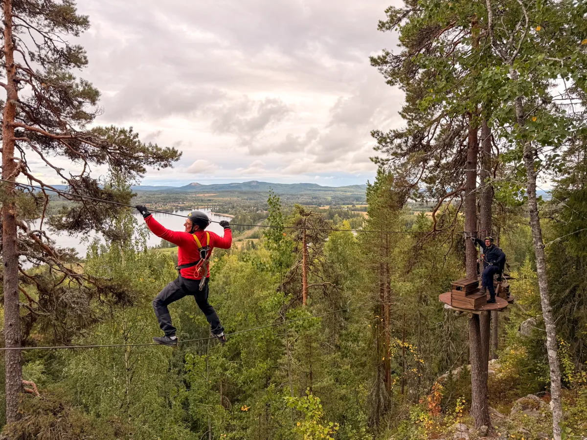 En i laget balanserar på en lina i en klätterpark högt bland tallarna